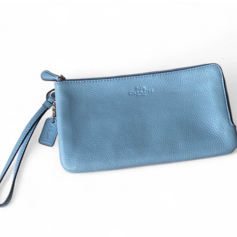 Coach Double Zip Phone Wristlet Wallet F54056 Cornflower Blue Pebbled Leather